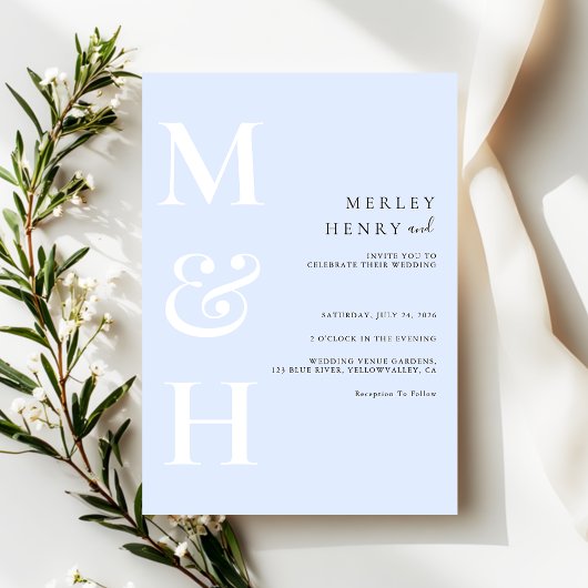 Invitation Mariage minimaliste monogramme bleu pastel blanc