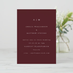 Invitation Mariage Minimaliste Monogramme Élégant Bourgogne