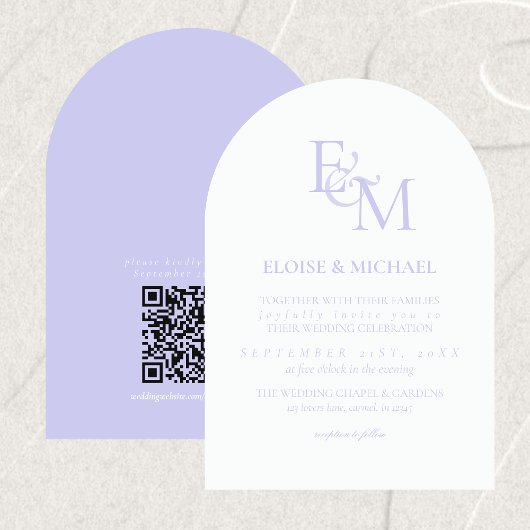 Invitation Mariage Minimaliste Monogramme Lavande Classique