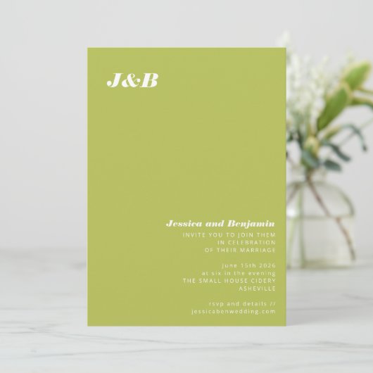 Invitation Mariage Minimaliste Monogramme Lime Chartreuse (Debout devant)