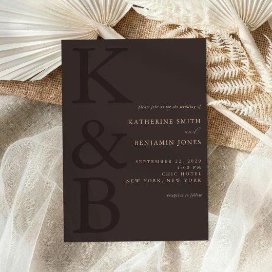 Invitation Mariage Minimaliste Monogramme Marron Moderne