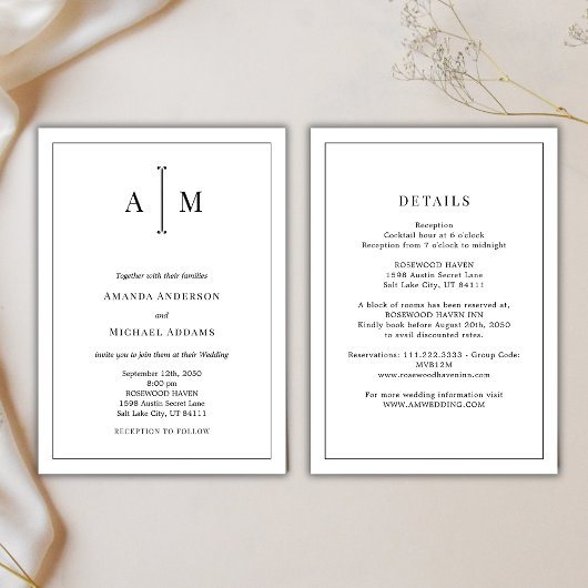 Invitation Mariage minimaliste monogramme noir et blanc tout-