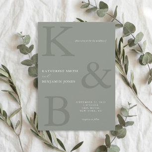 Invitation Mariage minimaliste monogramme vert sauge moderne