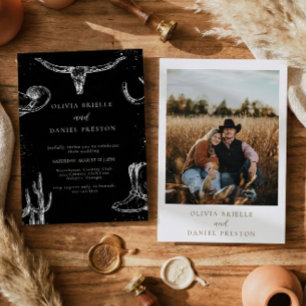 Invitation Mariage minimaliste occidental rustique photo noir