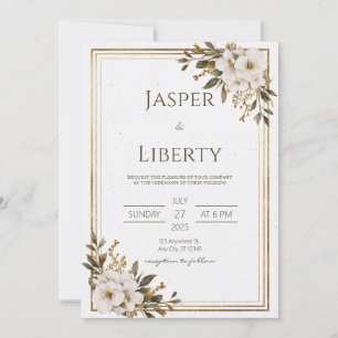 Invitation Mariage Minimaliste Or Blanc Floral Rustique Terre