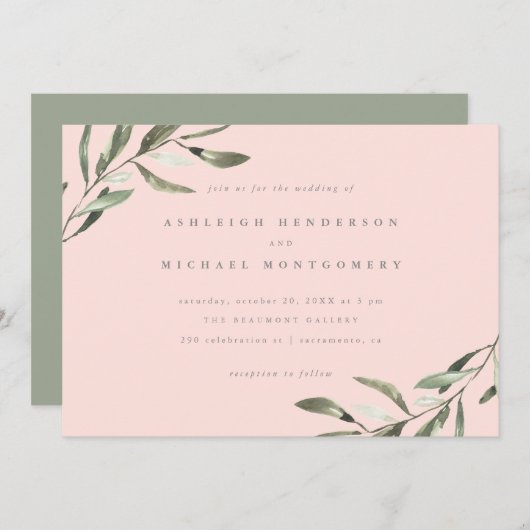 Invitation Mariage minimaliste Pastel Pink Sage Green Branche (Devant / Derrière)
