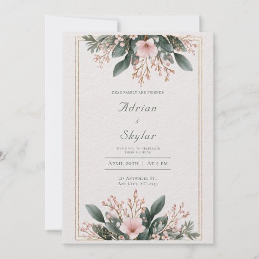 Invitation Mariage minimaliste rose pâle et vert (Devant)