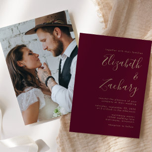Invitation Mariage Minimaliste Script Photo Bordeaux Or