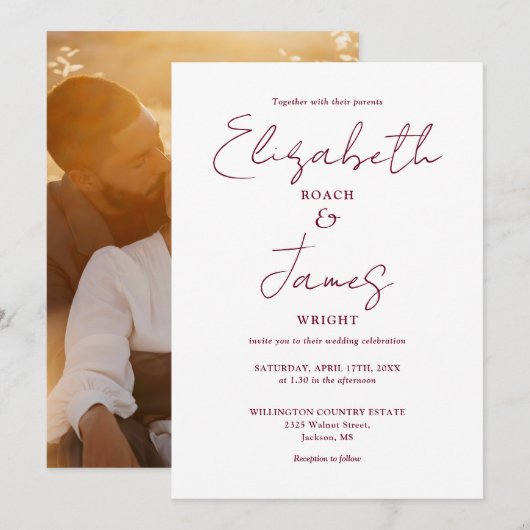 Invitation Mariage minimaliste Script Photo Burgundy (Devant / Derrière)