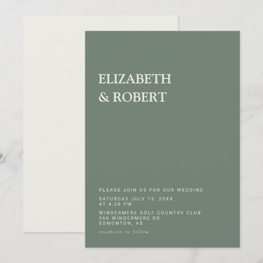 Invitation Mariage minimaliste simple moderne vert sauge (Devant / Derrière)