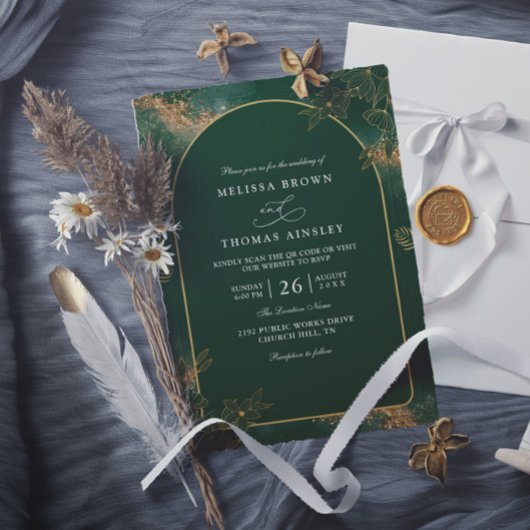 Invitation Mariage minimaliste vert et or avec code QR modern