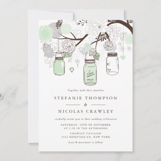 Invitation Mariage Mint Green Hanging Mason Jars (Devant)