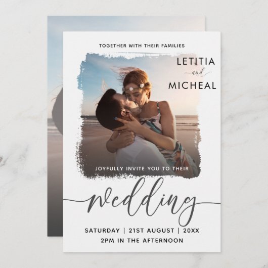 Invitation Mariage Modèle photo noir et blanc moderne (Devant / Derrière)