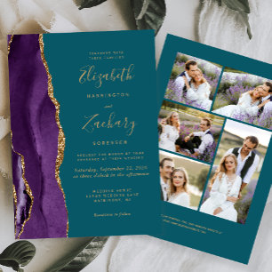 Invitation Mariage Moderne 5-Photos Agate Or Violet Bleu Cyan