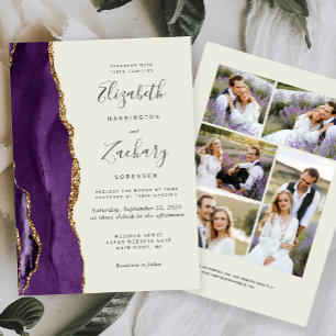 Invitation Mariage Moderne 5-Photos Agate Or Violet Ivoire