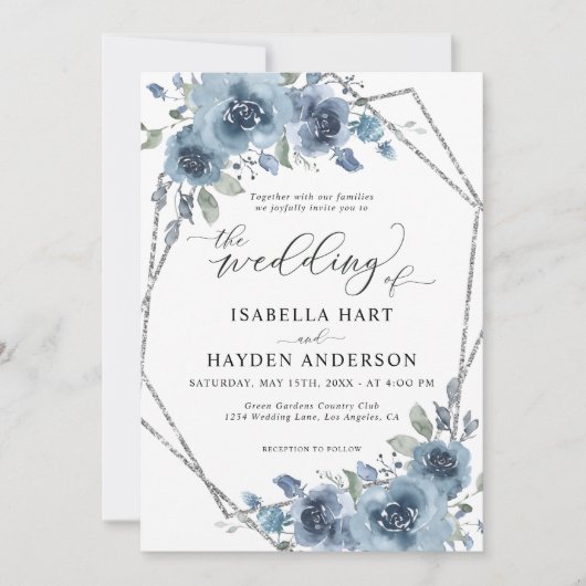 Invitation Mariage moderne à cadre bleu chic floral argent Du (Devant)