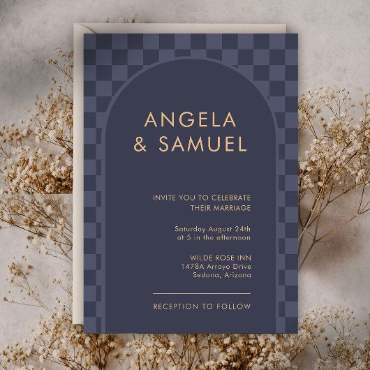 Invitation Mariage Moderne à carreaux Bleu Minuit