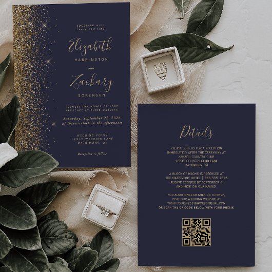Invitation Mariage moderne à code QR avec faux paillettes dor