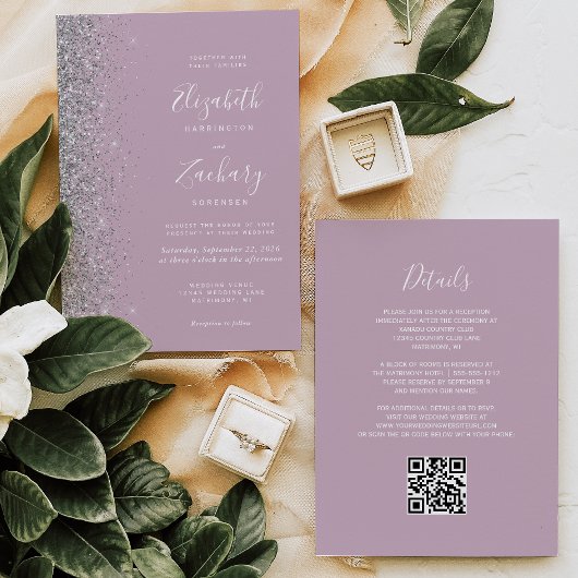 Invitation Mariage moderne à code QR lilas poussiéreux avec p