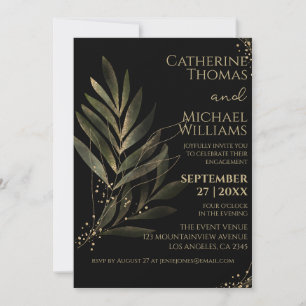 Invitation Mariage Moderne à Feuille d'Or Noir Fête de Fiança