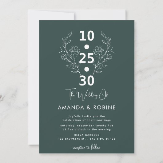 Invitation Mariage moderne à fleurs vertes (Devant)