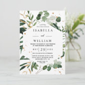 Invitation Mariage moderne à la botanique avec eucalyptus dor (Debout devant)