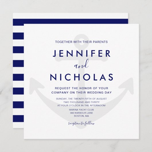 Invitation Mariage Moderne à l'Ancre Naútico Bleu de Marine (Devant / Derrière)
