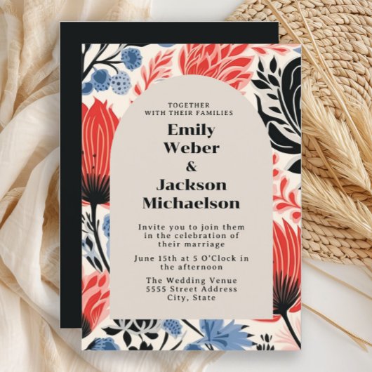 Invitation Mariage Moderne à l'Arche de Crème Rouge Navy