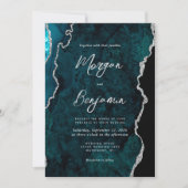 Invitation Mariage Moderne à l'encre argentée sur agate bleu (Devant)