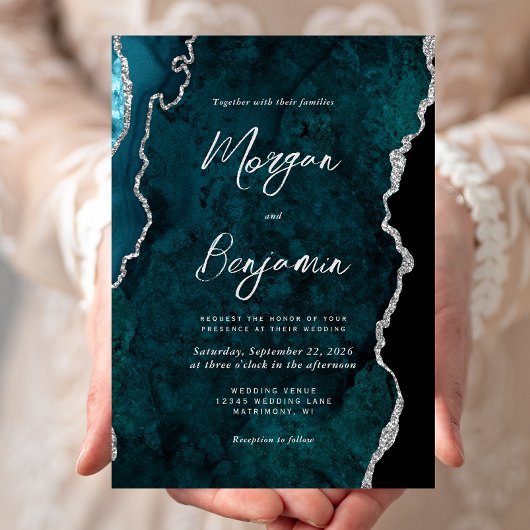 Invitation Mariage Moderne à l'encre argentée sur agate bleu 