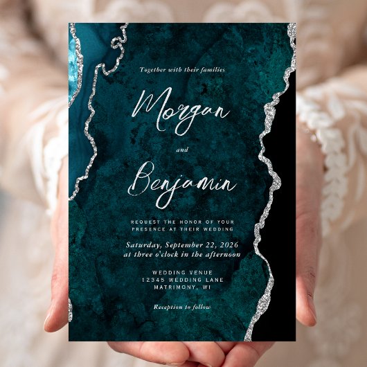Invitation Mariage Moderne à l'encre argentée sur agate bleu