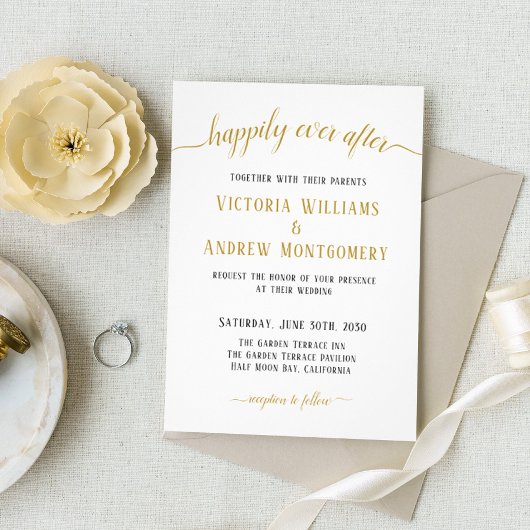 Invitation Mariage Moderne à l'encre dorée Happily Ever After