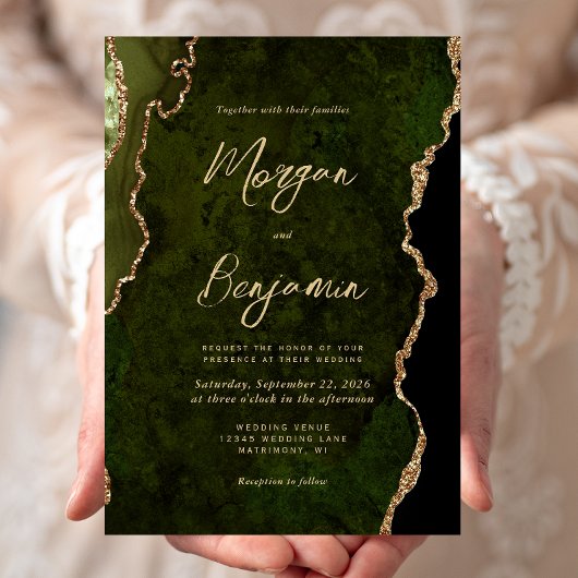 Invitation Mariage Moderne à l'encre dorée sur agate vert oli
