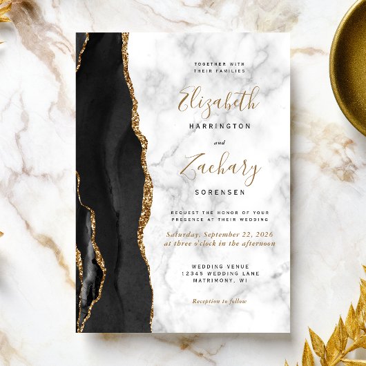 Invitation Mariage Moderne à Marbre d'Agate Noir et Or