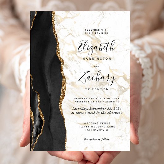 Invitation Mariage Moderne à Marbre Noir et Agate Dorée