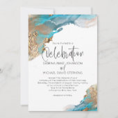 Invitation Mariage Moderne Abstrait Aqua Gold Marble (Devant)