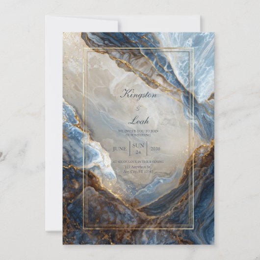 Invitation Mariage Moderne Abstrait Bronze Doré Marbre Navy (Devant)