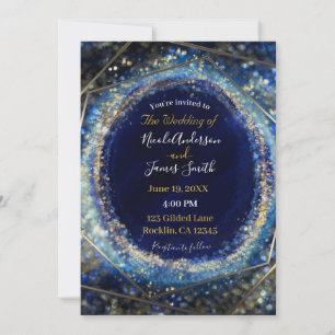Invitation Mariage Moderne Abstrait Glamour Bleu et Or