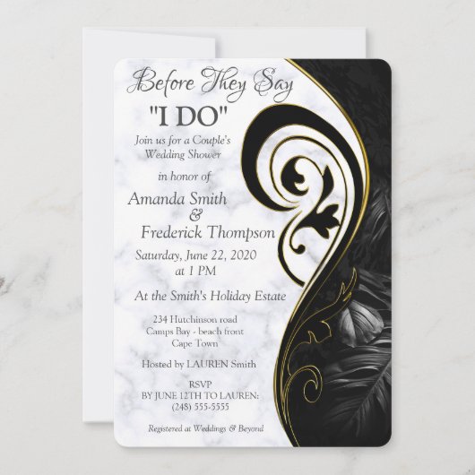 Invitation Mariage Moderne Abstrait Marbre Blanc Douche Noir (Devant)