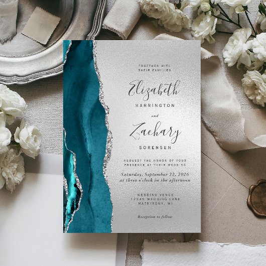 Invitation Mariage Moderne Agate Bleu Vert Argent