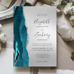 Invitation Mariage Moderne Agate Bleu Vert Argent