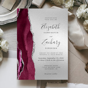 Invitation Mariage Moderne Agate Bourguignon Argent