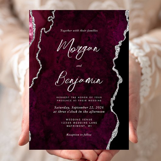 Invitation Mariage Moderne Agate Bourguignonne Écriture Argen