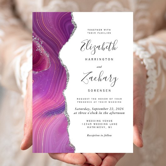Invitation Mariage Moderne Agate Magenta Argent