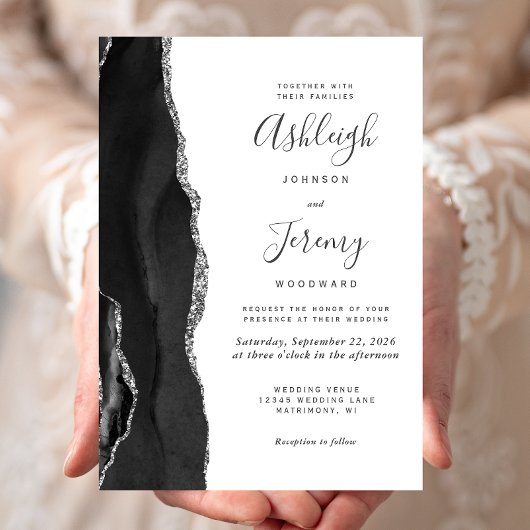Invitation Mariage Moderne Agate Noir Argenté