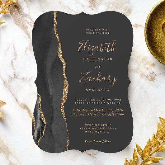 Invitation Mariage Moderne Agate Noir Or Foncé Support