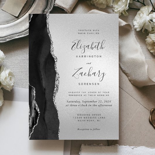 Invitation Mariage Moderne Agate Noire Argent