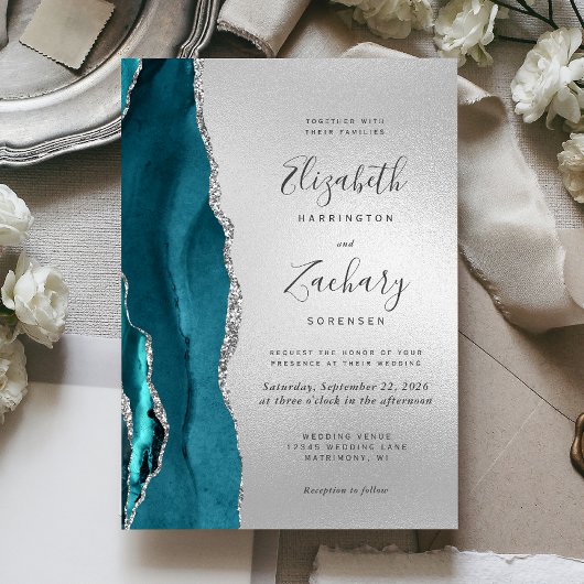 Invitation Mariage Moderne Agate Turquoise Argent