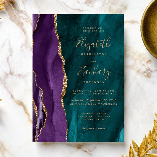 Invitation Mariage Moderne Agate Violet Turquoise Or