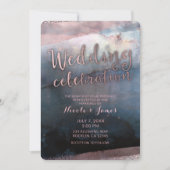 Invitation Mariage Moderne Aquarelle Bleu Et Rose Gold Rose (Devant)